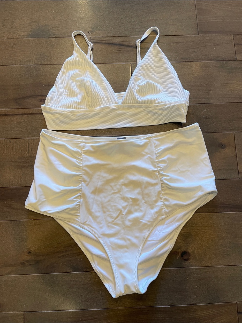 aerie White Ribbed Triangle Swim Top with High-Waist Bikini Bottoms